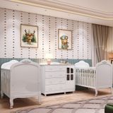 Quarto De Bebê Cômoda Com Janelas E 2 Berços Maya Clássico 100% Mdf Espresso Móveis Branco Brilho/branco