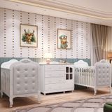 Quarto De Bebê Cômoda Com Janelas E 2 Berços Com Capitonê Maya Clássico 100% Mdf Espresso Móveis Branco Brilho/branco