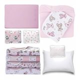 Berço 7pçs Rosa Bebê Lençol + Fronhas + Travesseiros + Manta