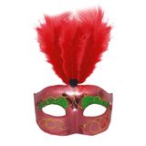Máscara De Carnaval Veneziana Vermelha Glitter E Penas