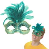 Máscara Turqueza E Dourada Carnaval Fantasia Festa Baile Luxo Com Plumas