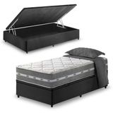 Cama Box Baú Solteiro Preto + Colchão Molas Ensacadas Miami Cinza Com Preto