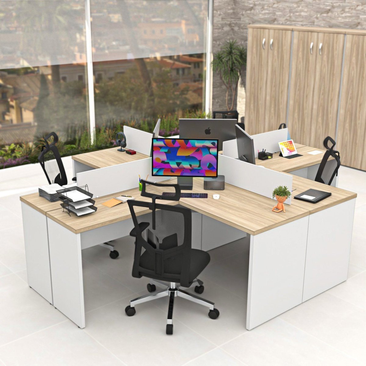 Estação De Trabalho Mesas Em L 4 Lugares 120x60 Carvalho / Branco