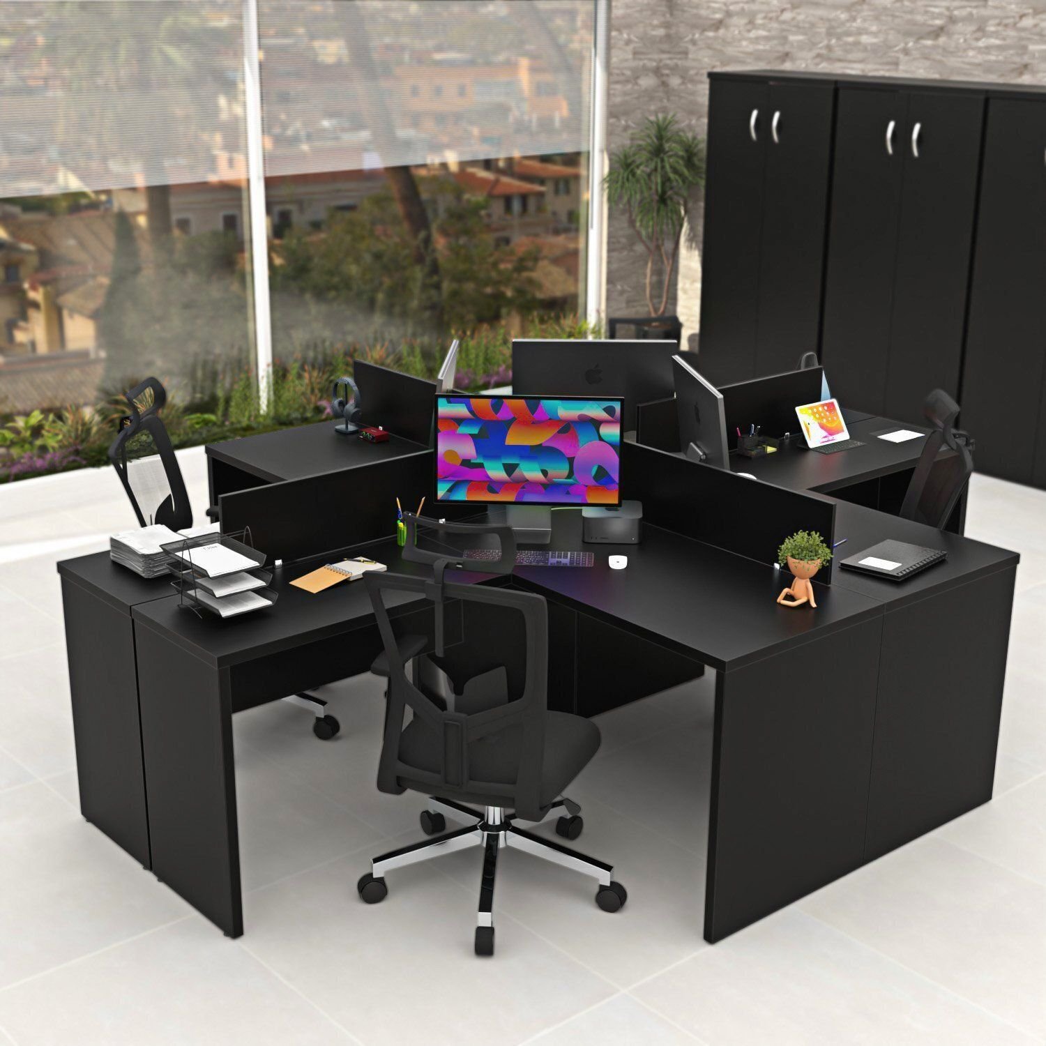 Estação De Trabalho Mesas Em L 4 Lugares 120x60 Preto