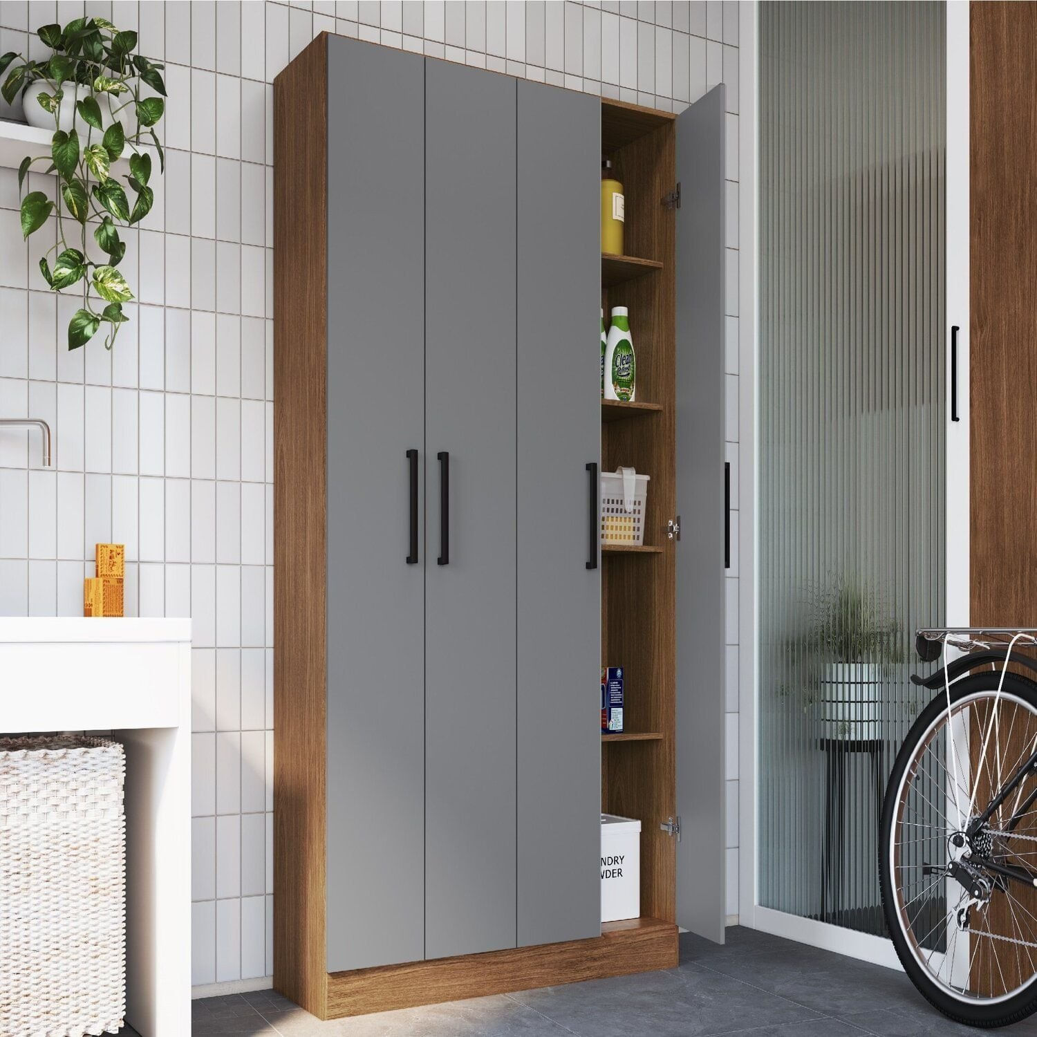 Armário Multiuso 4 Portas E 8 Prateleiras Rivera Freijó/cinza