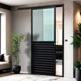 Porta De Correr Suspensa 210x70cm Meia Veneziana Meia Vidro Esq L.25 Brimak Preto