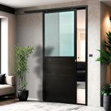 Porta De Correr Suspensa 210x90cm Meia Lambril Meia Vidro Esq L.25 Preto
