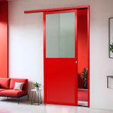 Porta De Correr Suspensa 210x90cm Meia Lambril Meia Vidro Esq L.25 Vermelho