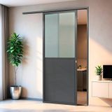 Porta De Correr Suspensa 210x80cm Meia Lambril Meia Vidro Esq L.25 Brimak Cinza