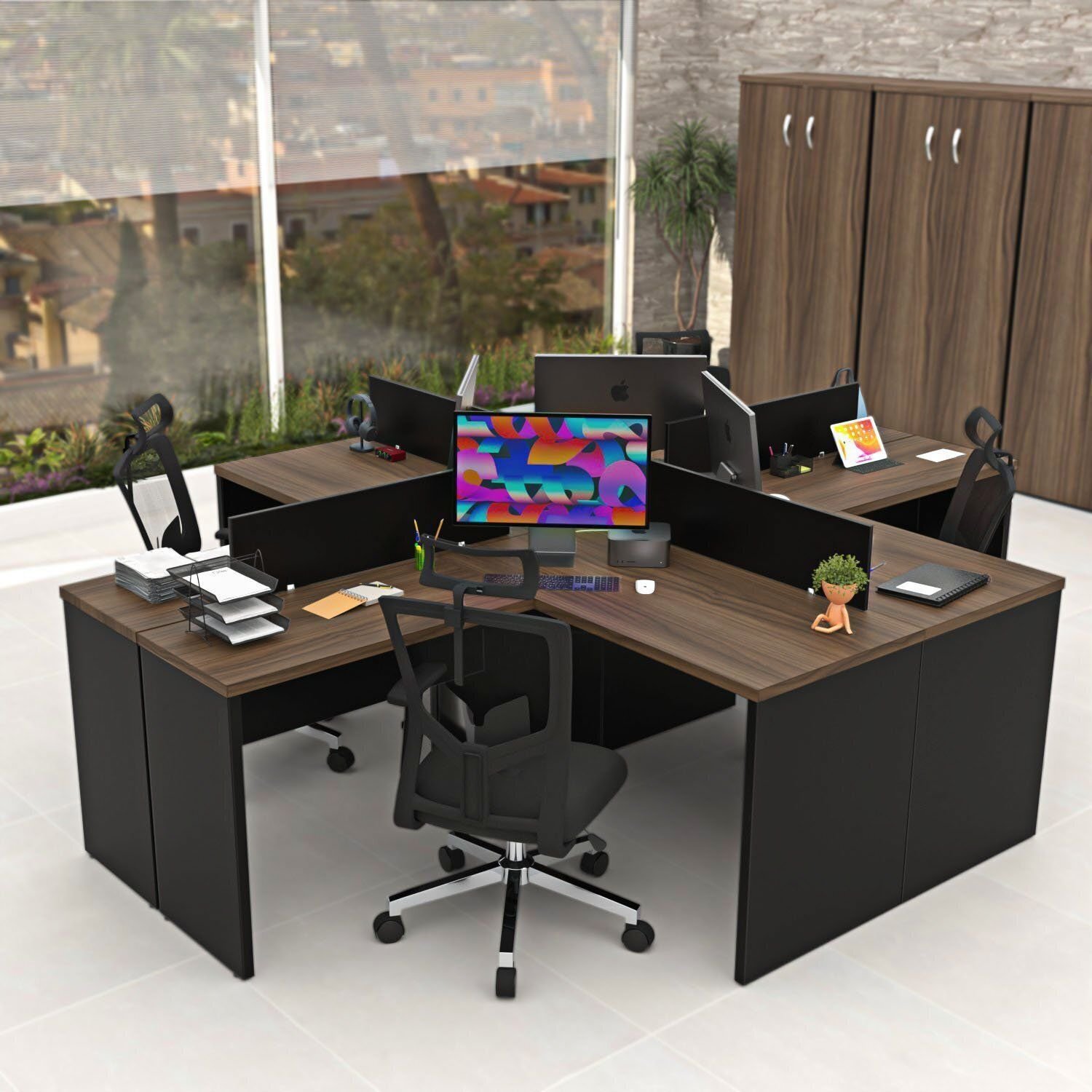 Estação De Trabalho Mesas Em L 4 Lugares 120x60 Nogal / Preto