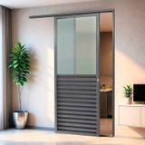 Porta De Correr Suspensa 210x100cm Meia Veneziana Meia Vidro Esq L.25 Brimak Cinza