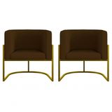 Kit 2 Poltronas Decorativa Luxo Base De Metal Dourada Escritório Recepção Sala Suede Marrom Eli Móveis E Decoração