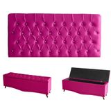 Kit Estrela Cabeceira De Cama Painel E Calçadeira Baú Botão Cristal King 195 Cm Suede Rosa Pink Eli Móveis E Decoração