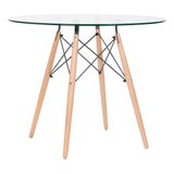 Mesa Redonda Eiffel Eames Tampo Vidro Temperado 90cm Base Madeira Design Moderno