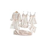Conjunto De Pijama Feminino De Cetim, 5 Peças Com Painéis De Renda, Noite De Núpcias