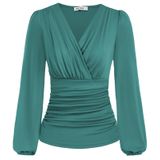 Blusa Feminina Grace Karin Com Decote Em V, Manga Comprida, Azul Pavão