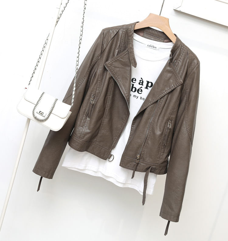 Jaqueta Simplet And Collar Em Couro Pu Para Mulheres