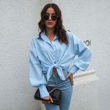Camisa Feminina Unicolor Com Botões Azul Poliéster