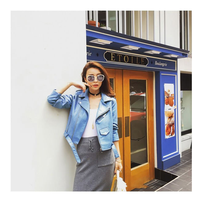 Jaqueta Feminina De Couro Sintético Azul, Estilo Coreano, Moda De Rua