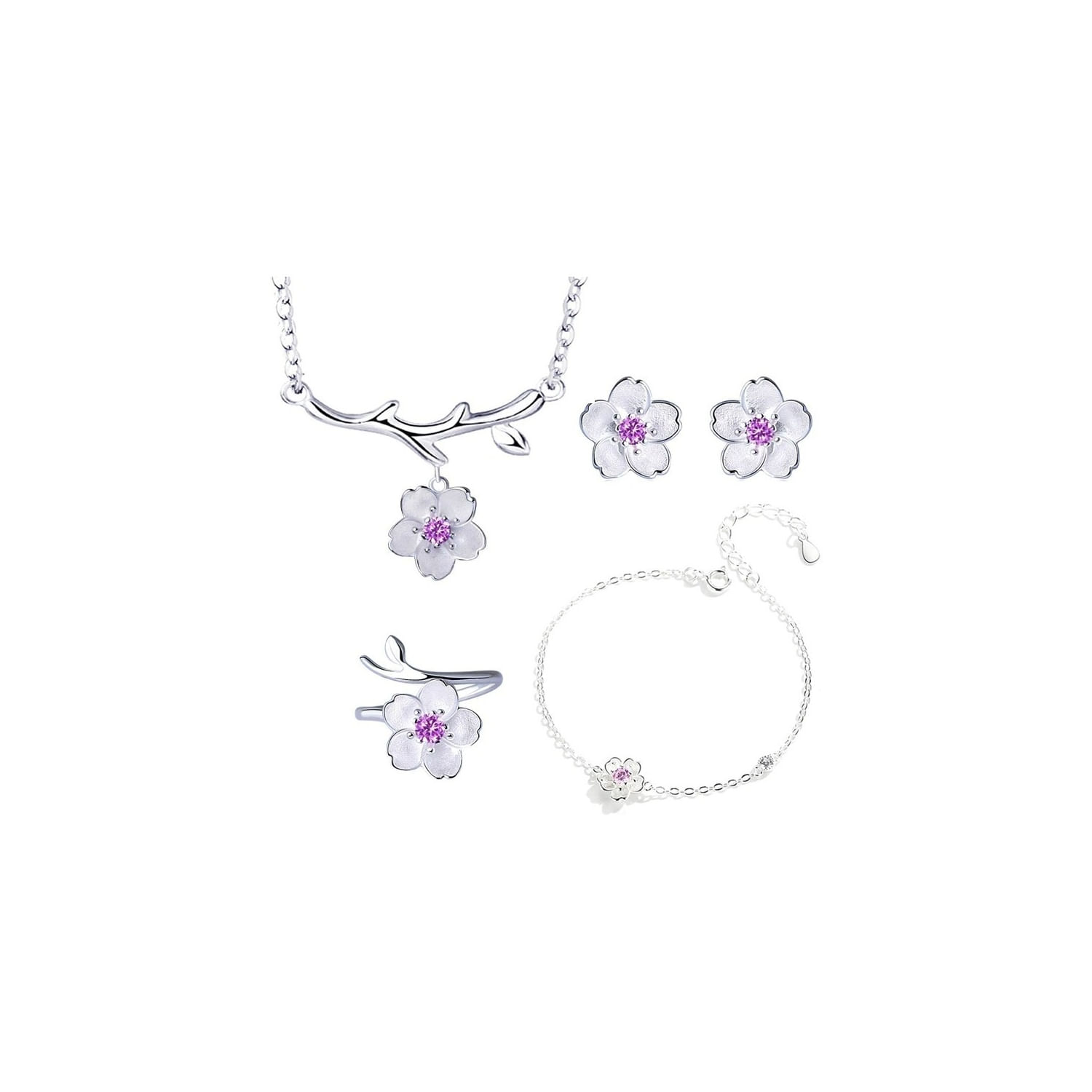 Conjunto De Joias: Prata 925, Flores Roxas, Colar, Argolas, Pulseira