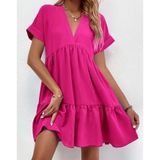 Vestido Feminino, Cintura Solta, Decote Em V, Manga Curta, Saia Evasê