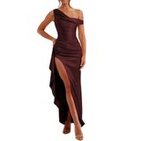 Vestido De Festa Alphirkut, Longo, Cetim, Sem Ombros, Cor De Vinho Escuro