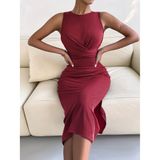Vestido De Tricô De Cintura Fina, Camiseta Bodycon, Vinho Tinto Para Mulher