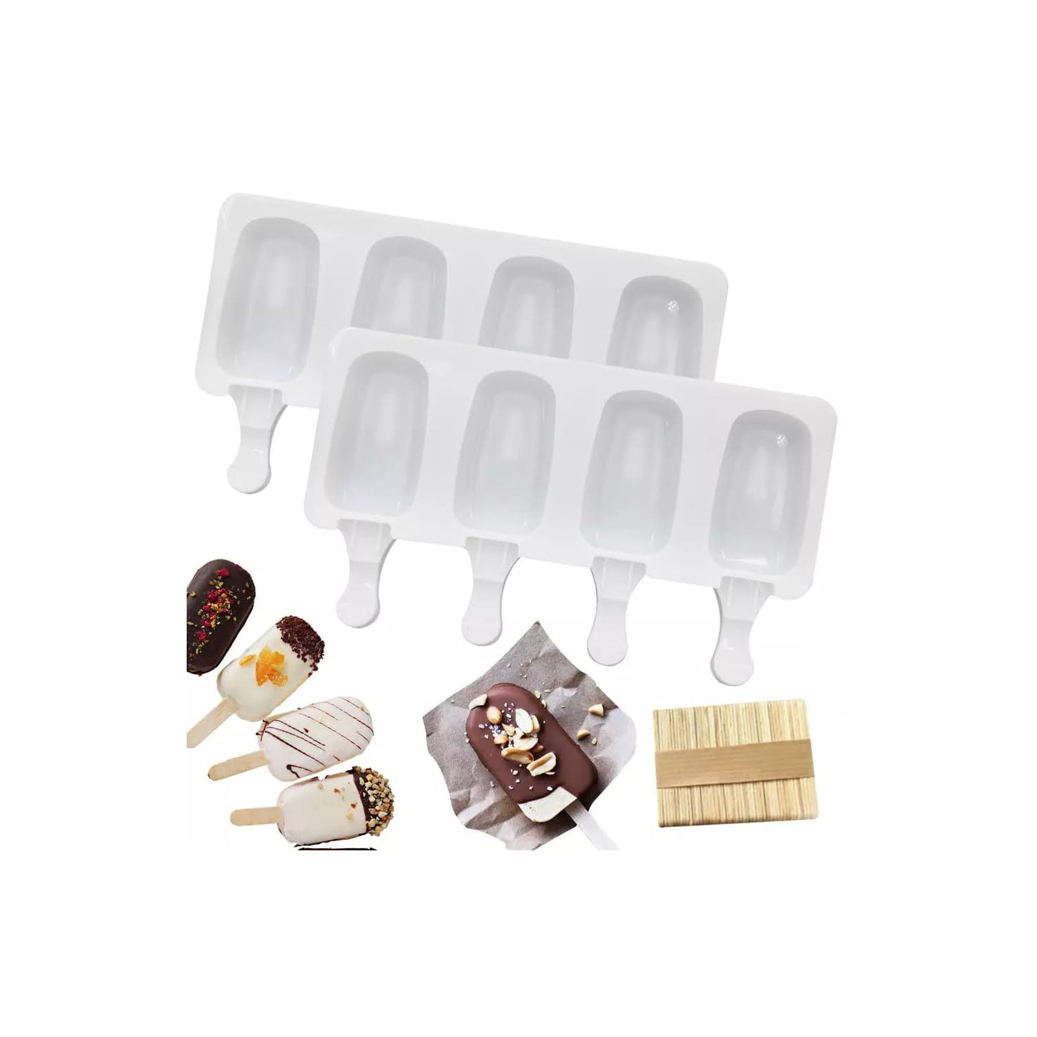 Formas De Sorvete E 2 Picolés Reutilizáveis De Silicone Branco