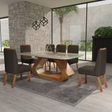 Conjunto Sala De Jantar Com Tampo Mdf/vidro 160cmx80cm Mesa Lotus Com 6 Cadeiras Viena Luxo Naturalle/marrom