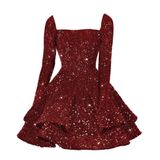 Vestido De Boas-vindas Yoff Em Camadas De Mangas Compridas Com Glitter Vinho Tinto