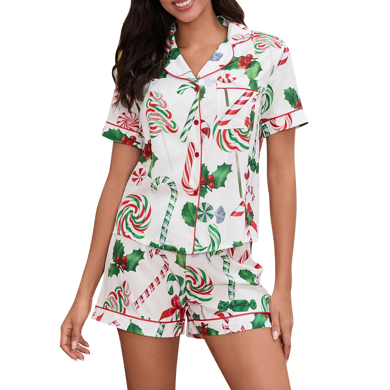 Conjunto De Pijamas Luckinbaby Para Mulheres, Seda Acetinada, Doces De Natal, Branco