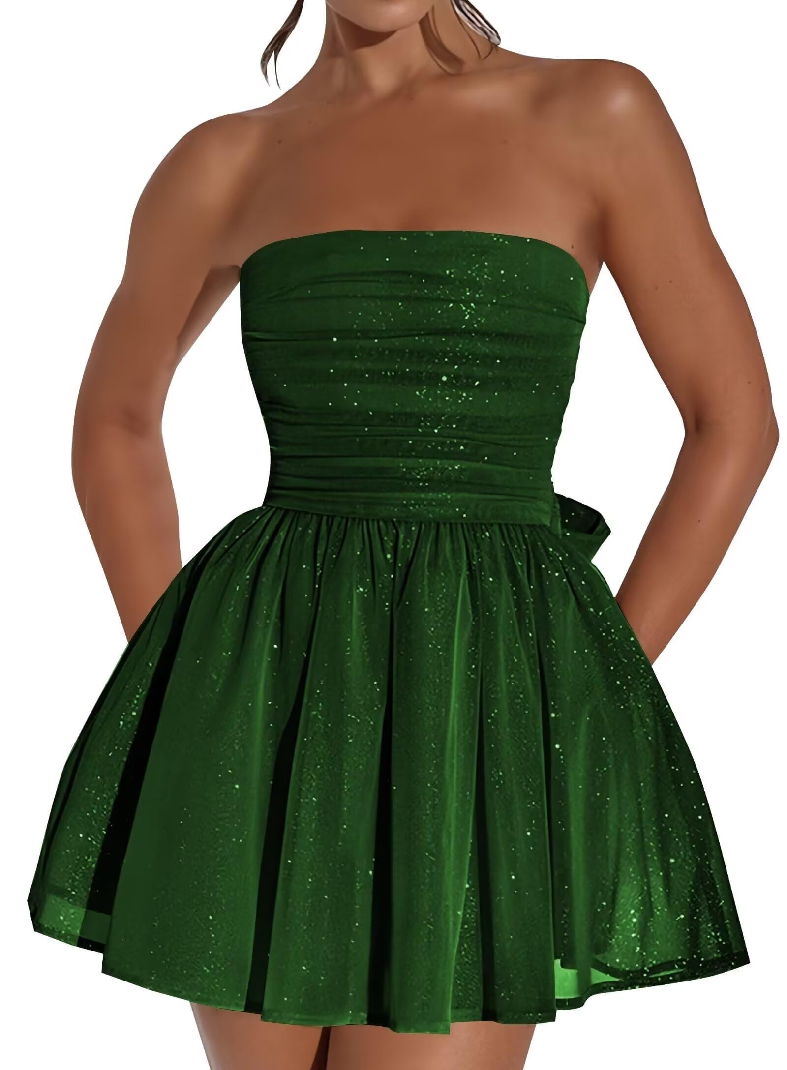 Vestido De Boas-vindas Blawhee Glitter Tule Sem Alças Verde Escuro