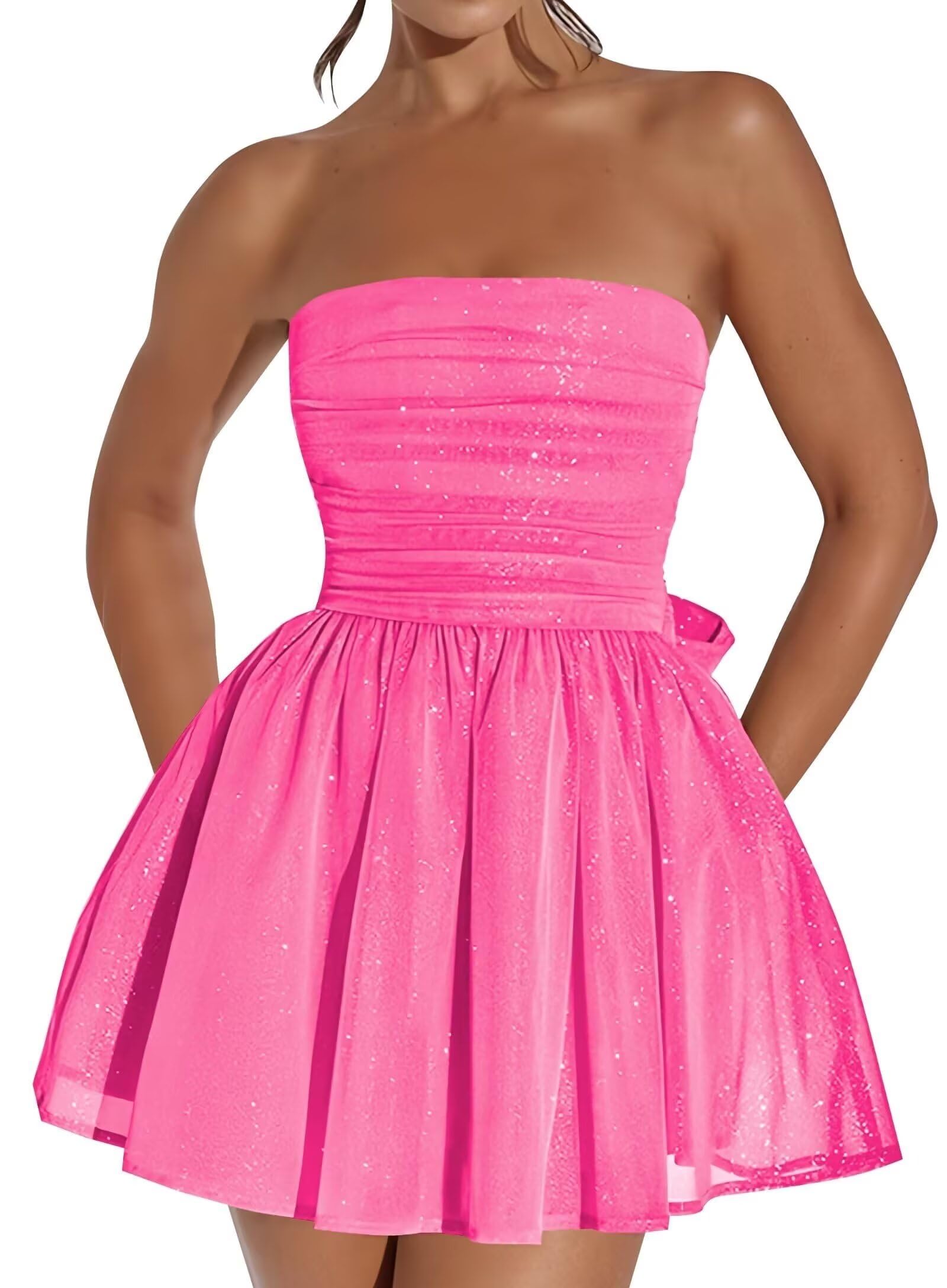 Vestido De Boas-vindas Blawhee Glitter Tule Rosa Quente Sem Alças