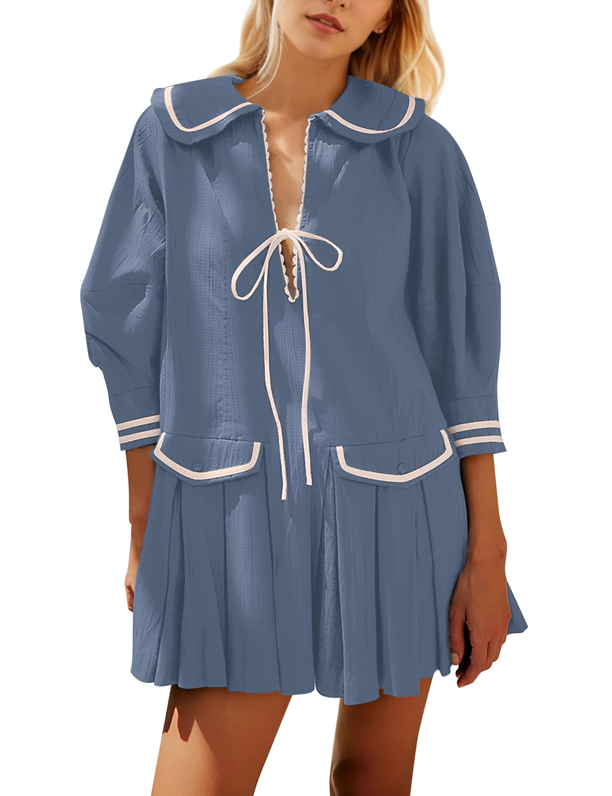 Mini Vestido Feminino Icobid Fofo Com Gravata Borboleta Aberta Na Frente Azul