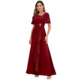 Vestido Preseossa Burgundy Chiffon Com Decote Em V E Manga Com Babados A Line