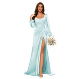 Vestido De Dama De Honra Dessiny Com Decote Em V De Cetim Com Fenda Azul Claro