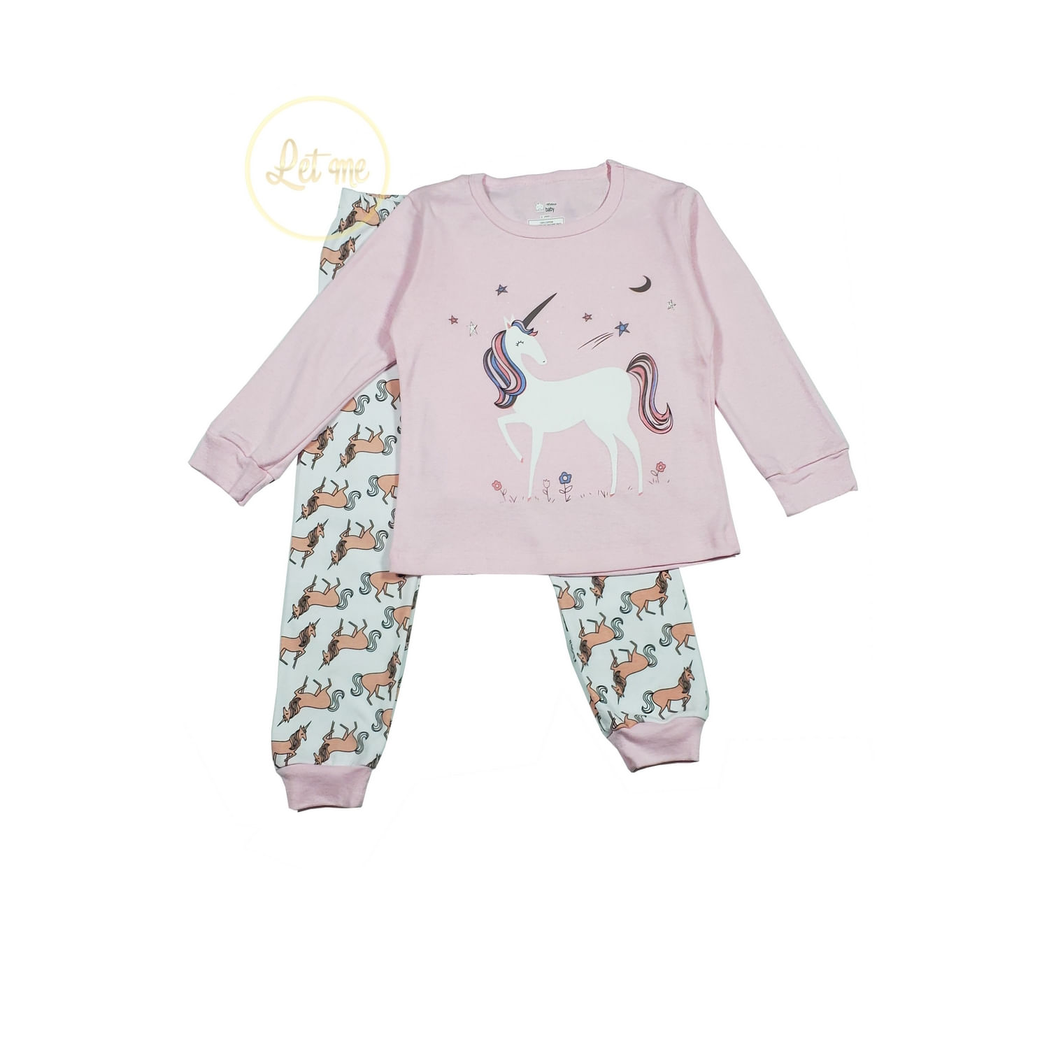 Pijamas Girl Cotton V002 De Manga Comprida Rosa 3-8 Anos