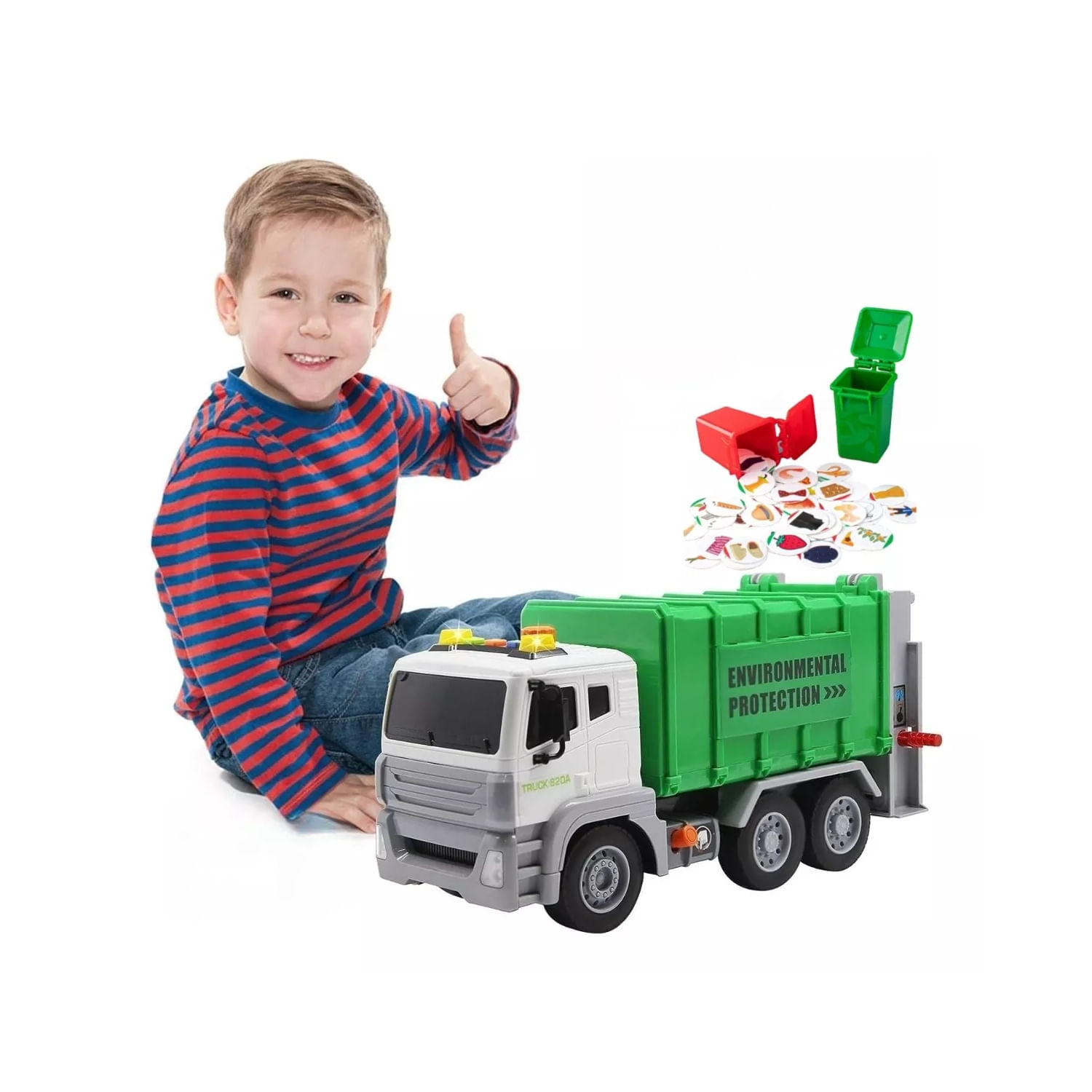 Caminhão De Lixo Com 2 Latas De Lixo, Luz E Som