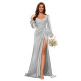 Vestido De Dama De Honra Dessiny Silver Satin Mermaid Com Decote Em V Long Sl