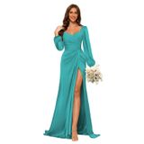 Vestido De Dama De Honra Dessiny, Mangas De Lanterna, Decote Em V, Cetim, Azul Aqua