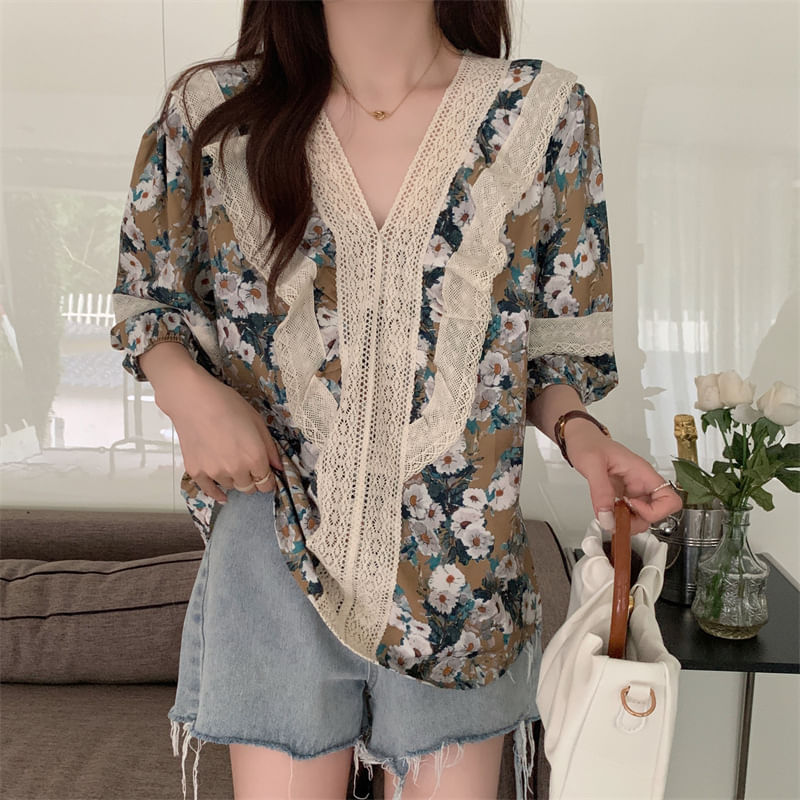 Camisa Vintage De Renda Floral Com Decote Em V Bege Elegante Para Mulheres