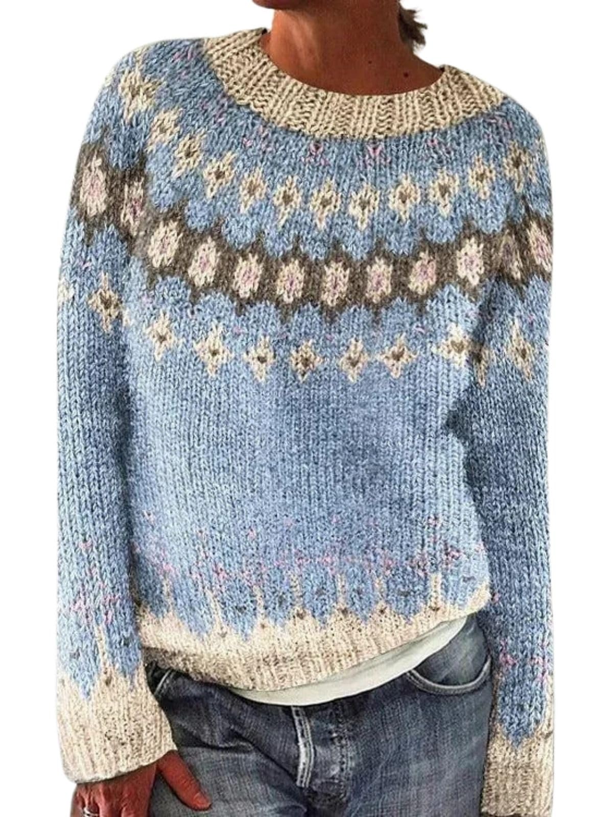 Suéter Dmoyala Feminino Fair Isle, Azul Claro, Cortado