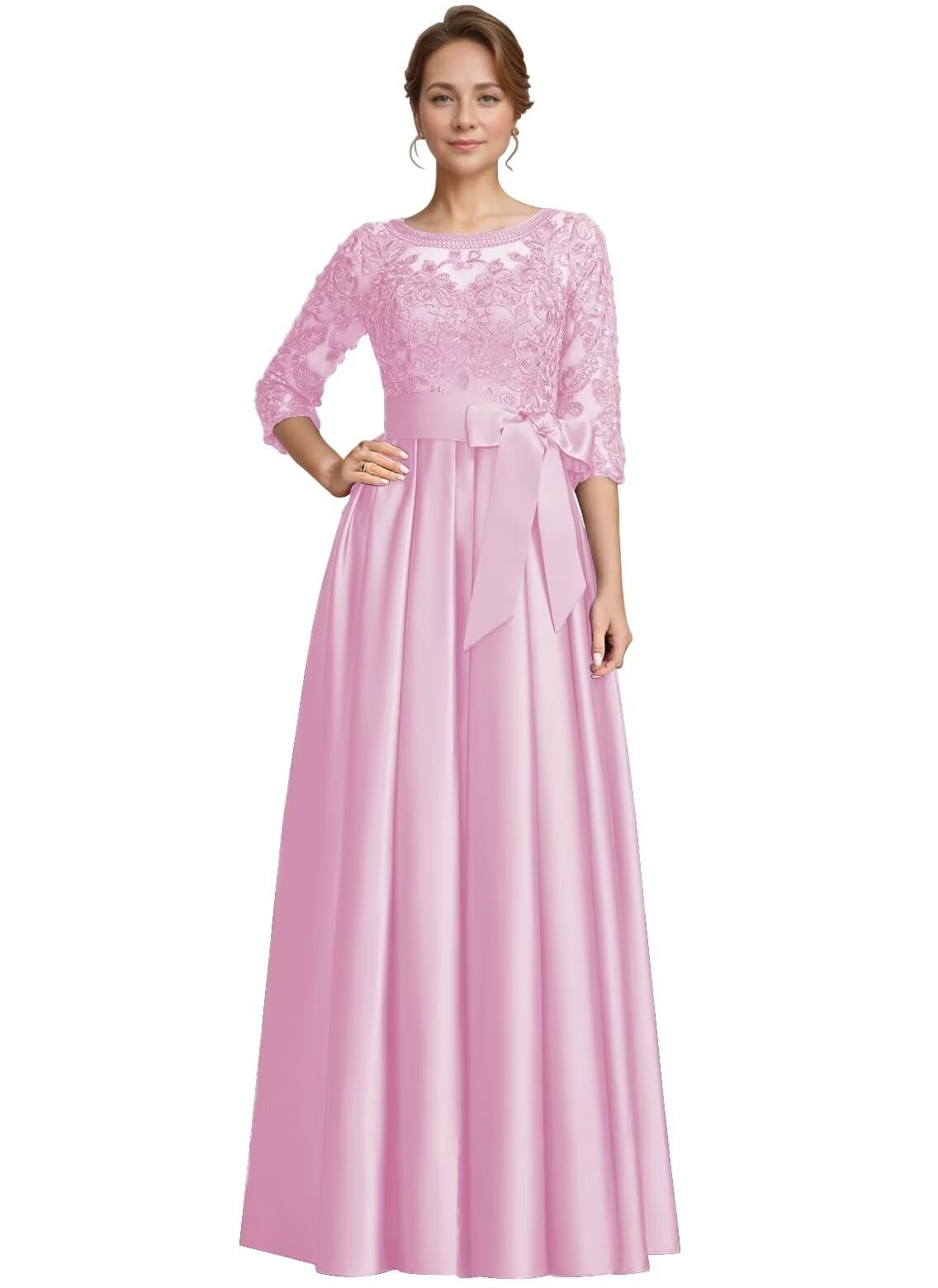 Vestido Rosa Claro Para A Mãe Do Noivo Com Mangas, Bolsos