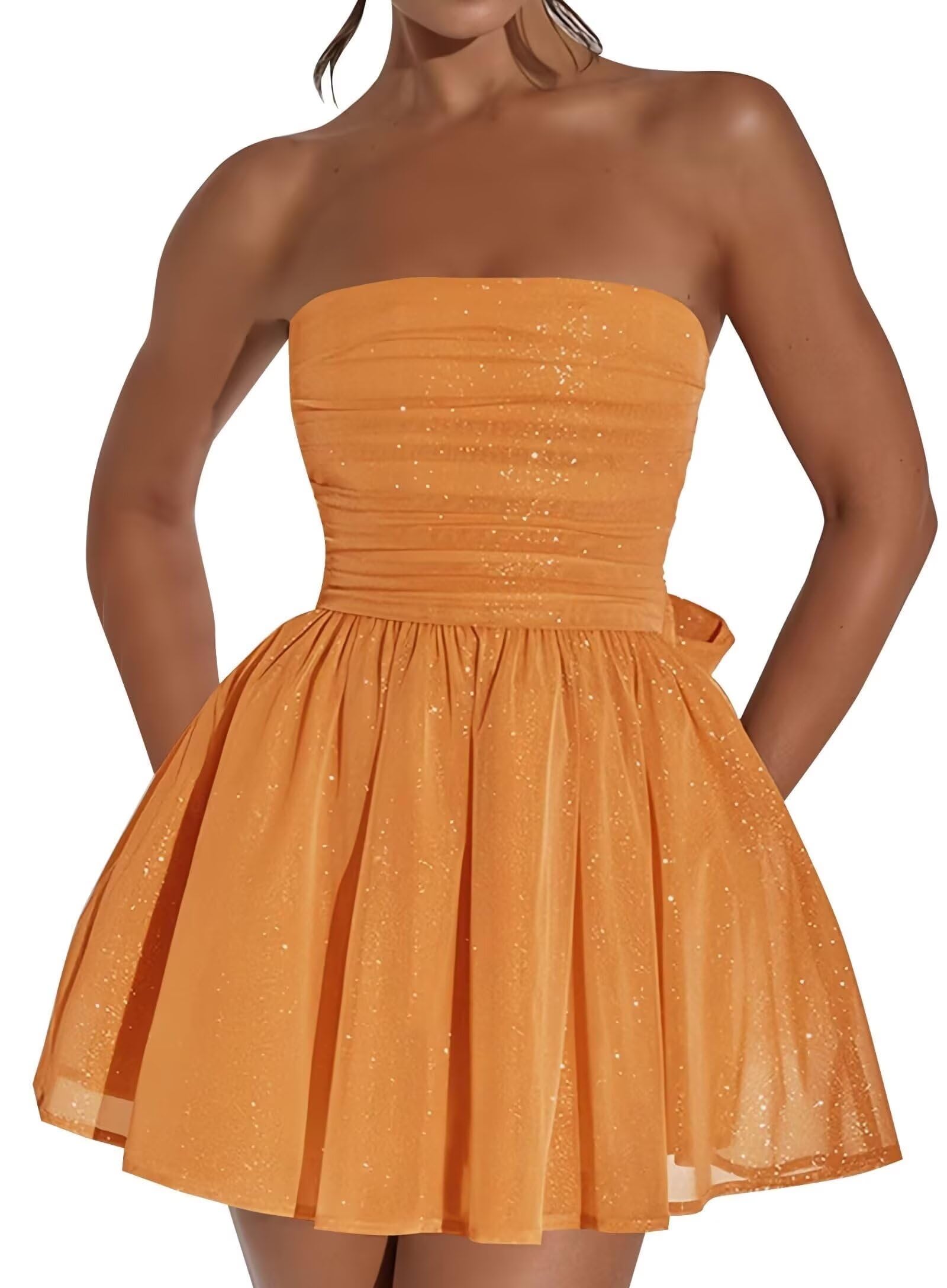 Vestido De Boas-vindas Blawhee Glitter Tule Laranja Sem Alças