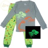 Pijama Infantil De Algodão Escuro Brilhante Com Estampa De Dinossauro De 3 A 8 Anos