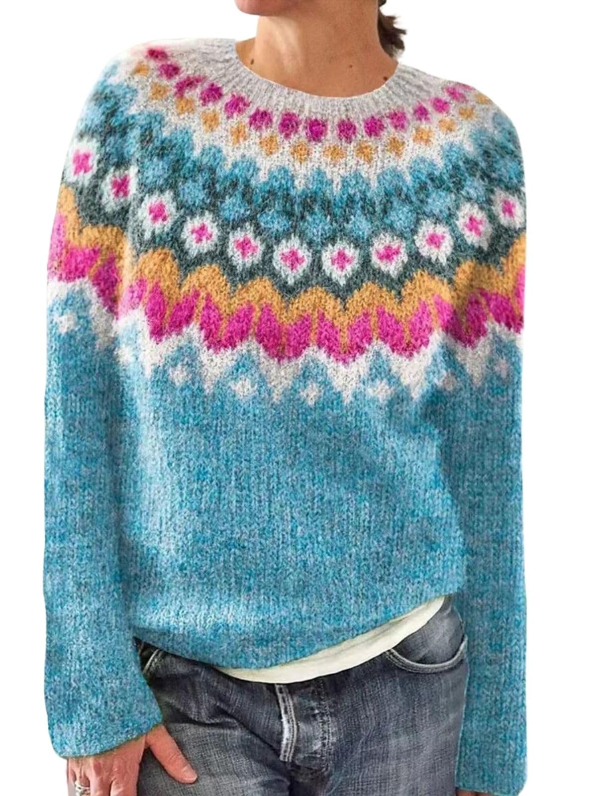 Suéter Feminino Dmoyala, Pulôver Cor-de-rosa, Azul, Cortado, Da Fair Isle