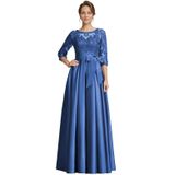 Vestido Raomiao Ocean Blue Lace Satin A-line Até O Chão