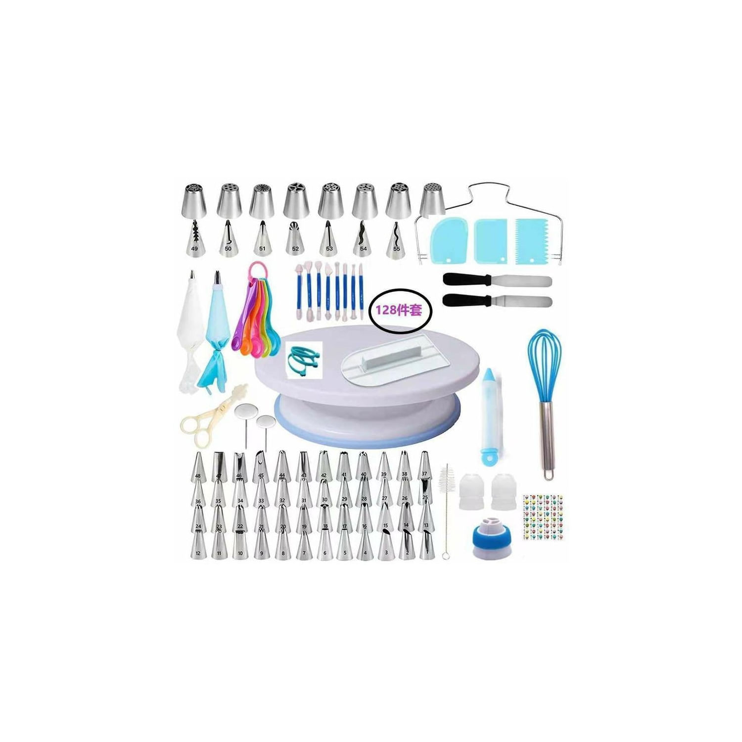 Conjunto De Ferramentas Para Bolos, 128 Peças, Mesa Giratória, Plástico, Aço Inoxidável