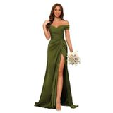 Vestido De Dama De Honra Dessiny Verde Oliva, Cetim, Sem Ombro