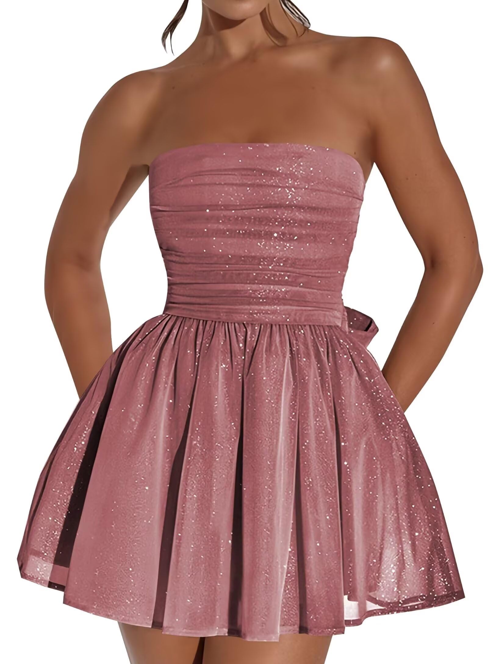 Vestido De Boas-vindas Blawhee Glitter Tule Sem Alças Dusty Rose